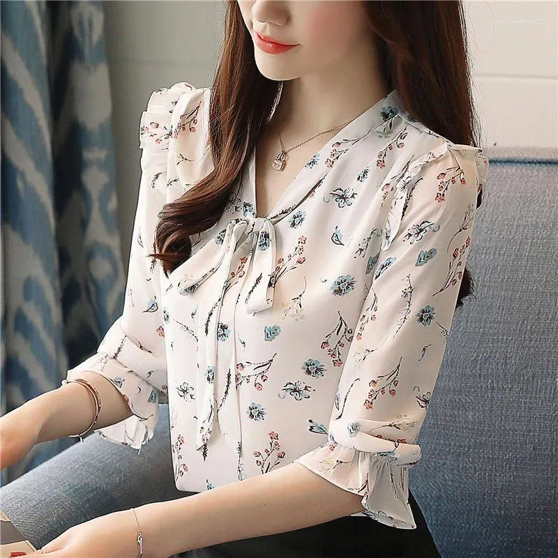 Женские блузки летняя элегантная модная цветочная печатная печать шифоновая рубашка.