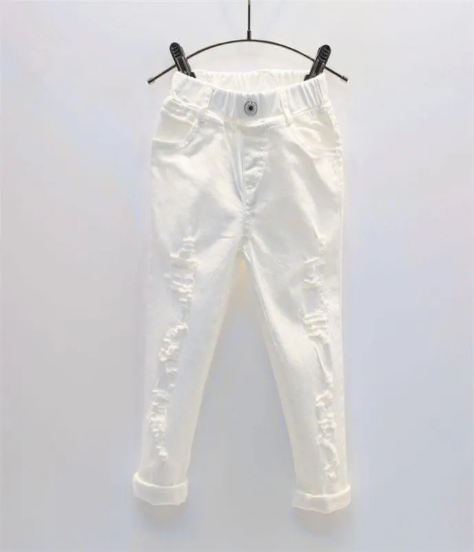 Calças de jeans brancas do menino Baby Spring Autumn Children039s Ripped Troushers Kids Broken Pants Broken Toddler Leggings 27 anos 5670534
