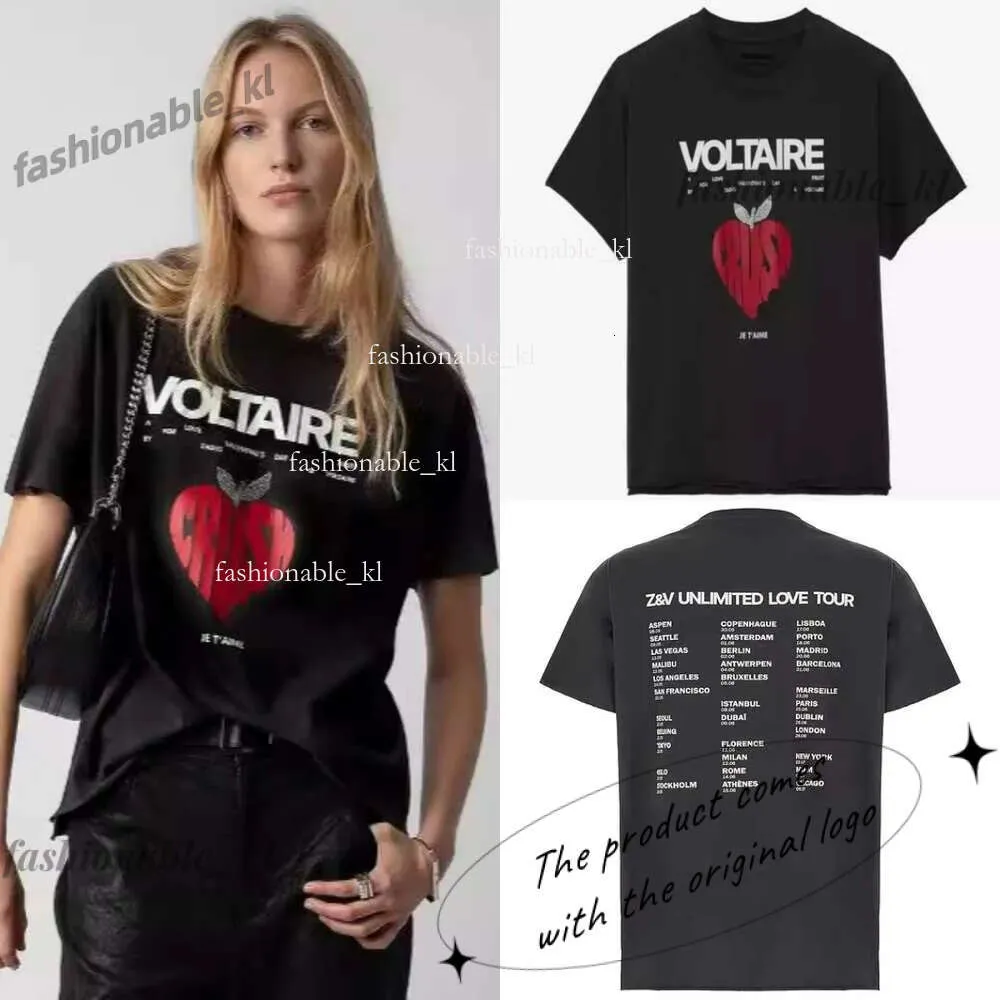 Zadig Voltaire Nouveau créateur de coton d'été T-shirt Simple Classic Letter Love Print Pullover Tee Femmes Casual polyvalent à manches courtes courte Tops 187