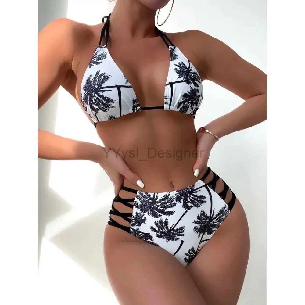 Women s Palm Tree Print Cross Bikini Set Sexy Two Piece High Waist Swimsuit Beach Swimwear Bathing Suit Summer