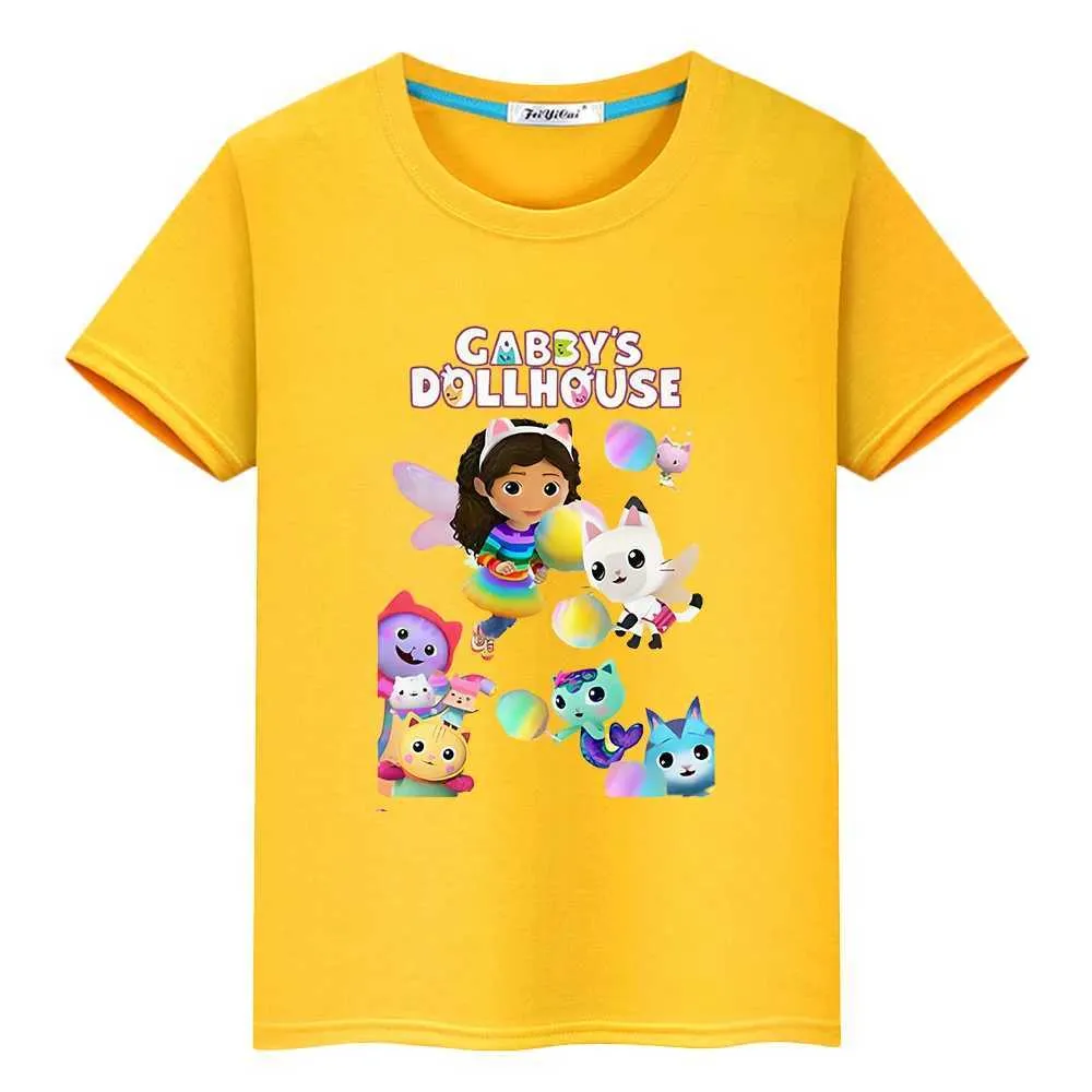 T-shirts 2024 Söt T-shirt Kawaii Gabbys Doll House Tryckt T-shirt 100% bomull Kort ärmpojkar Anime Top Y2K One Piece Childrens Clothing Girll2404