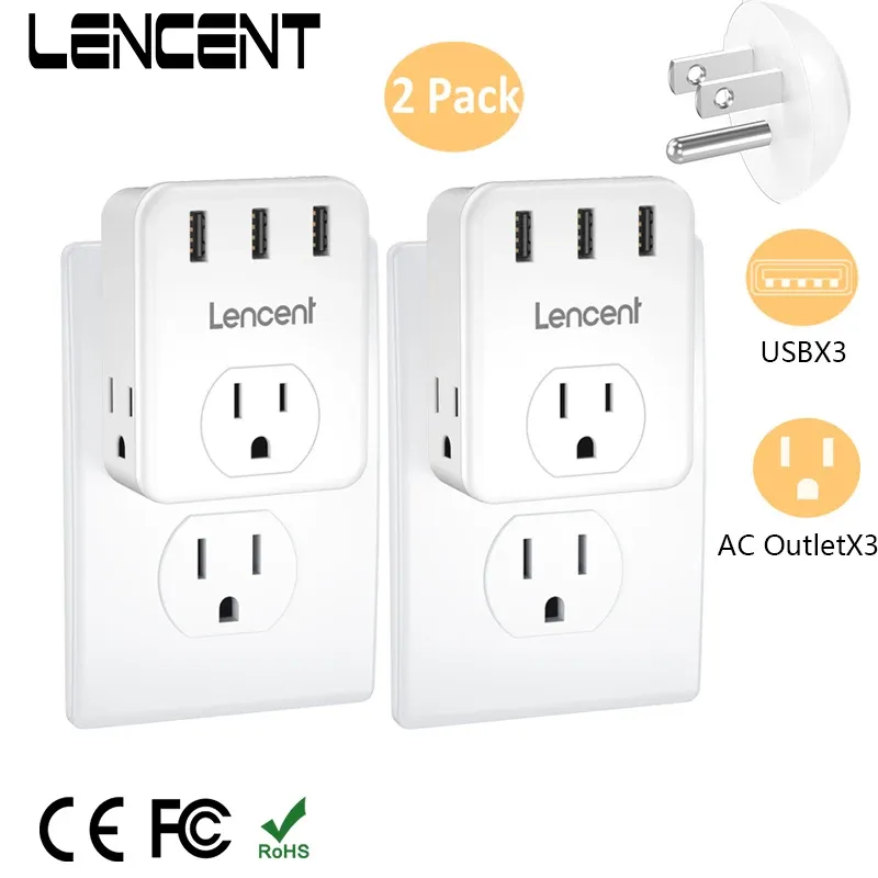 Chargers Lencent 2 PC US US Multi Plug Outlet Extender con 3 punti vendita 3 Caricatore a parete USB 3side Adattatore di alimentazione ampiamente distanziata per Home Office