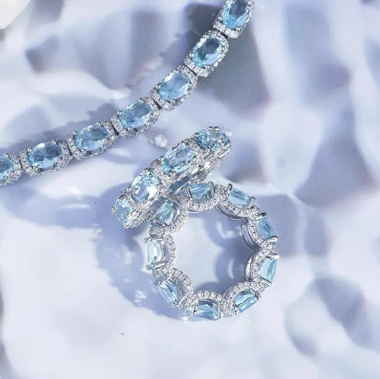 2024 Top Sell Choucong Свадебные украшения наборы роскоши 925 стерлинговый серебряный синий Aquamarine Cz Diamond Gemstones вечеринка женского браслета подарка