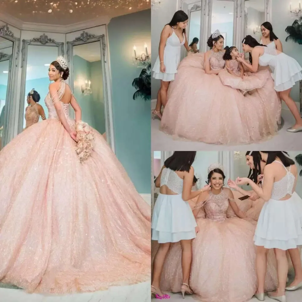 Ballpailletten Pink Quinceanera Kleider Kleid Kleid funkelnde Perlenkristalle Juwel Nacken vom Schulterfeststand formelles Kleid süße 16 Geburtstagsfeier Promkleider s s