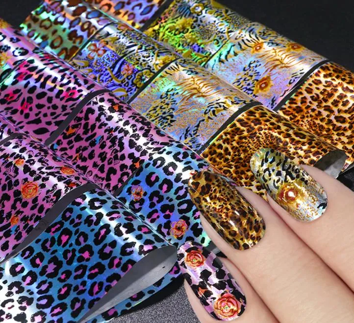 16pcs Leopardendrucknagelaufkleber Abziehbilder Holographie Nagelfolien übertragen Schieberegler Papier gemischtes Design Wraps Set Manicure Decor6927370