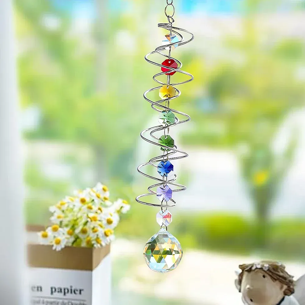 Decorações Spinner de vento de cauda espiral SunCatcher Crystal Ball Stabilizer Chakra Bead pendurando rolinhos cinéticos de vento arco -íris decoração de jardim