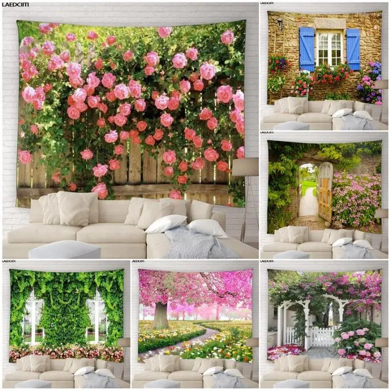 Tapestries Garden Flowers Tapestry Pink Rose Fence Floral Green Plants Nature Scenery Home Living Room Dorm Decor Courtyard Wall Hanging