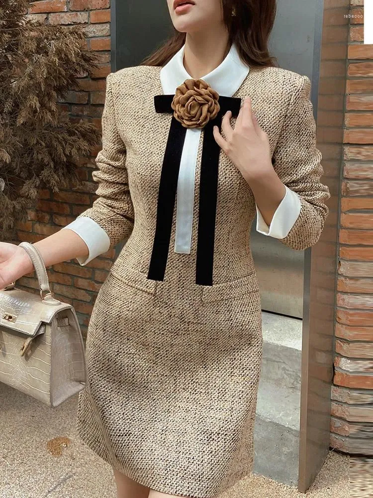 Casual Dresses Dabuwawa Bow Tree Dimensional Decoration Dresse For Women  Vintage Spliced Slim Empire Skirt Light Weight Fancy Suiting