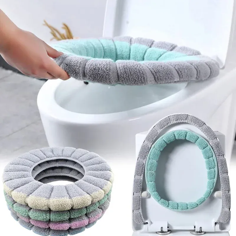 Zet Universal Toilet Stature Cover Winter Winter Warm zachte stoel Mat Oshaped Fleece Pad Badkamer Zitkussen met handgreep Badkameraccessoires