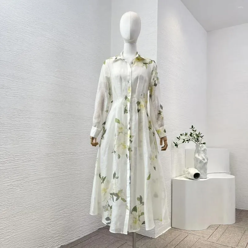 Casual jurken Hoge kwaliteit 2024 Gracieuze vrouwen Witte bloemen Mangnolia Print lange mouw Silk Linnen Midi Shirt Jurk voor vakantie