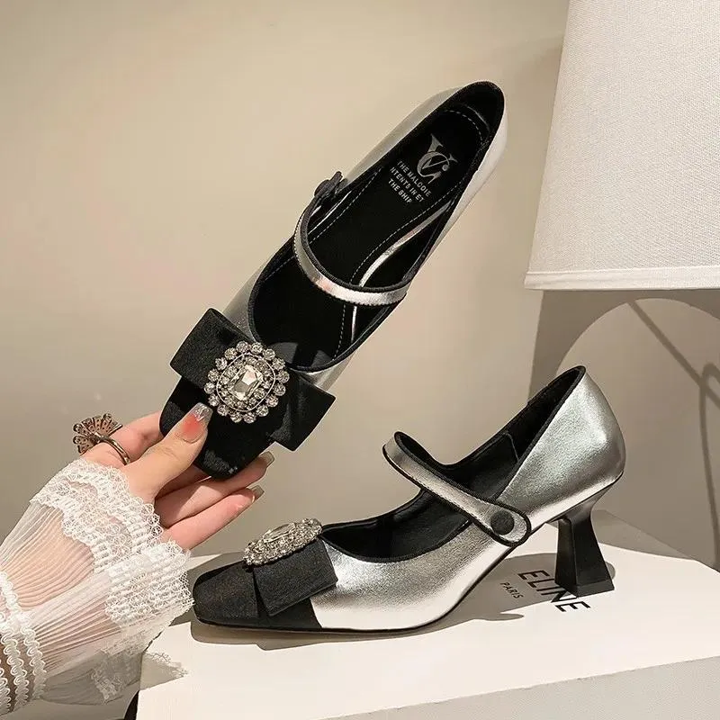 Dress Shoes Marie Janes High Heels Sandalias De Mujer Verano 2024 Summer Zapatos Tendencia Pumps Crystal Bow Sandals Shallow