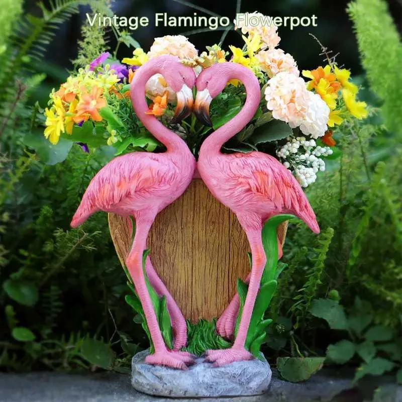 Planters POTS Sweet Par Flamingo Flower Pot Lover Statue Garden Animal Bird Sculpture Decoration Home Outdoor Q240429