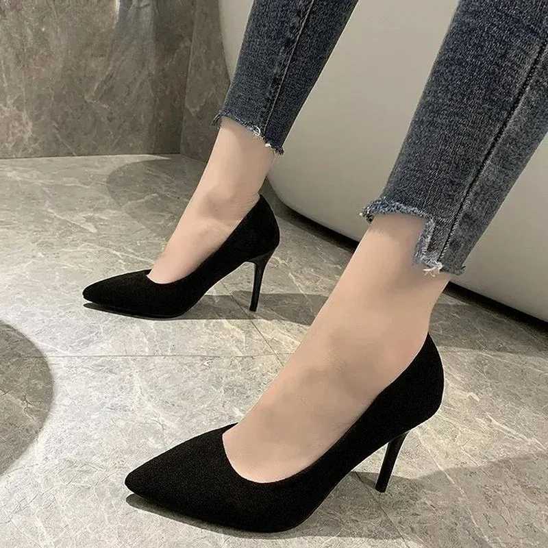 2023 Autumn Simple Elegant High Heels Stiletto Womens Shoes Pointed Black Etiquette Professional Single Wedding 240424
