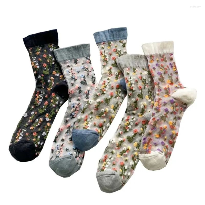 Frauen Socken 5 Paar transparent atmungsaktive süße Druckblume Frühling Sommer dünne coole mittlere Röhrchen koreanische Stil sexy Mode