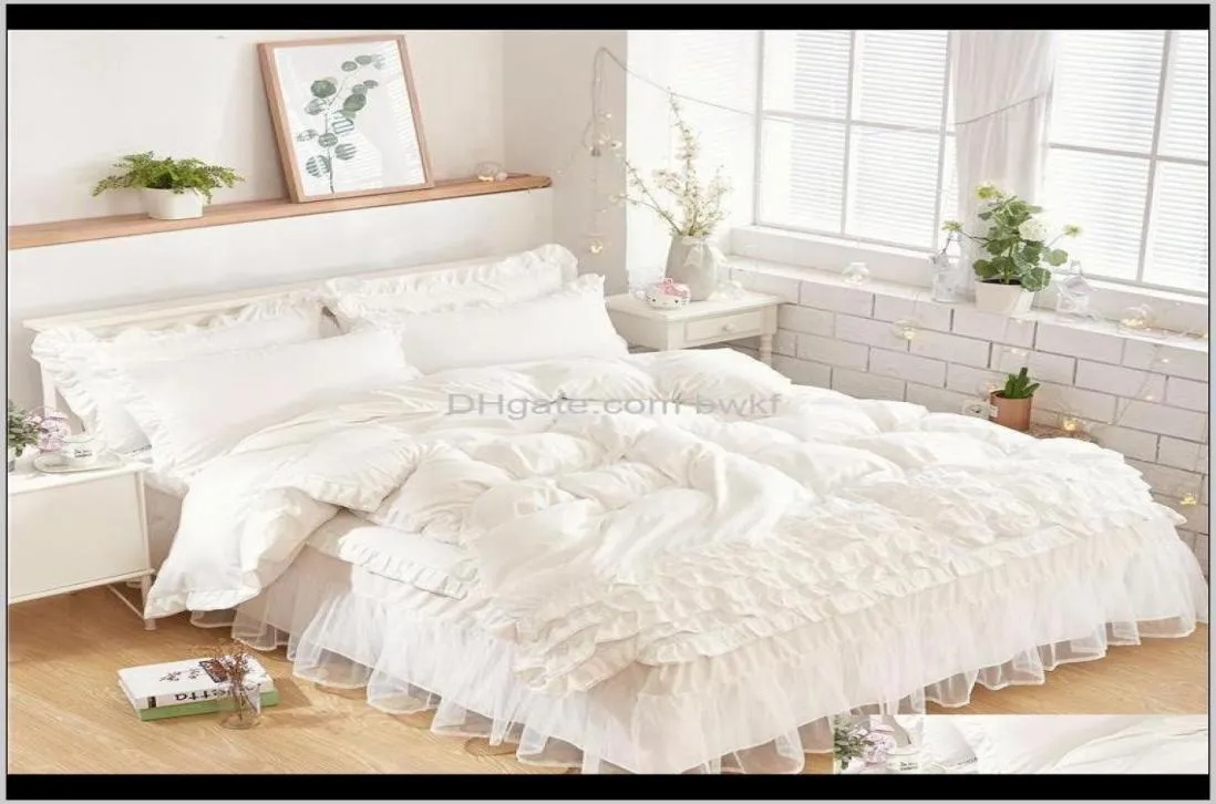 Припасы Текстиль Домашний сад доставка 2021 Роскошные белые постельные принадлежности для детей девочки королева близнецы короля размером с кружевную кровать4012279