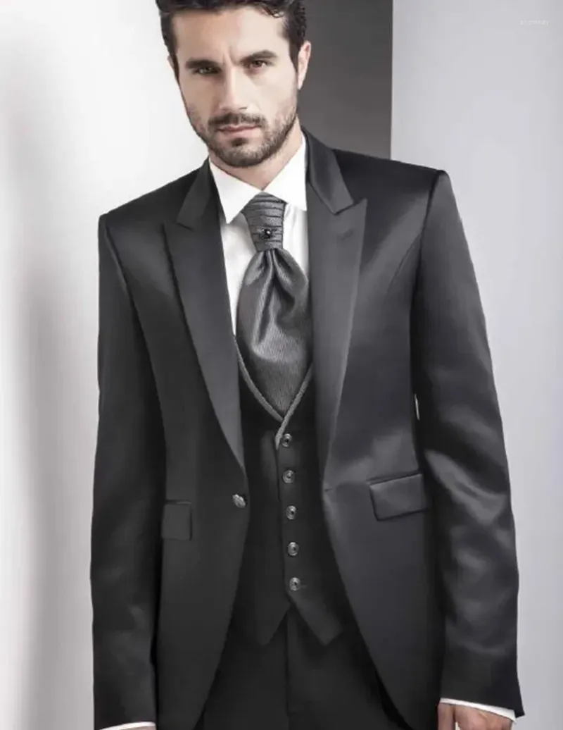 Costumes masculins 2024 Black Satin Italien Men Suit Mariage pour Costume Costume Costume Classic Slim Fit Costume Costume Homme Classic Slim Fit 3