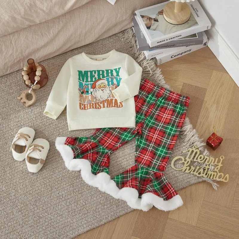 Kläder sätter Listenwind Kid Girls Pants Set Fall Letters Santa Claus Print Sweatshirt med Plaid Flare Christmas Outfit