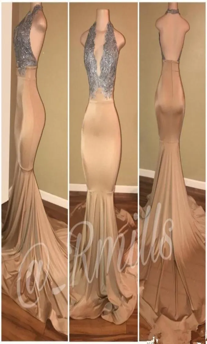 Silver Gold Champagne Prom Dresses Mermaid Sexig backless Halter Neck Formal African Black Girls Evening Dress Pageant Gowns7780864