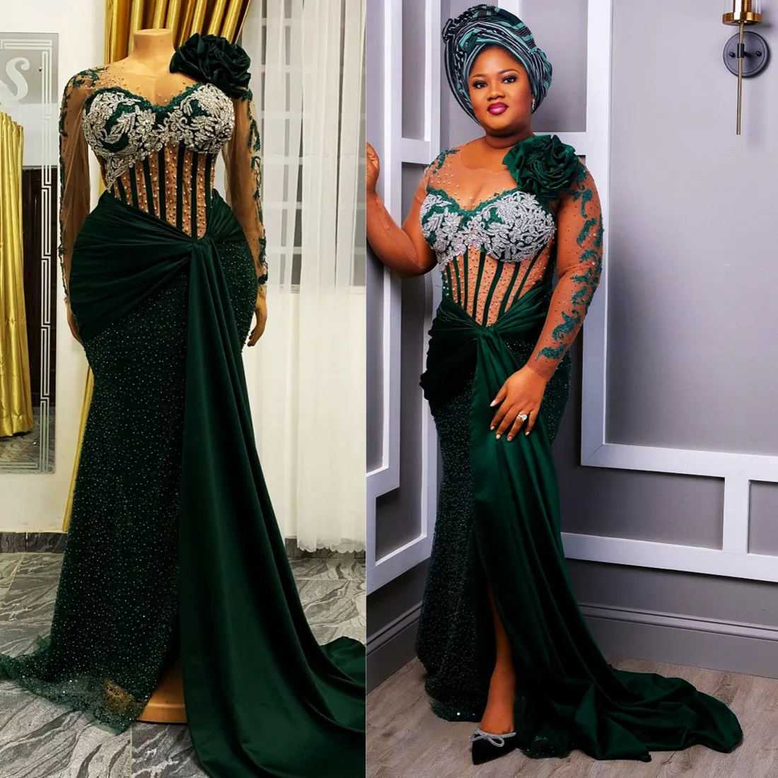 2024 Klassiker ASO EBI Prom Kleider für schwarze Frauen Illusion Promdress Langarmes Perlen Pailletten Spitzen Strasssteine ​​Geburtstagskleid Zweite Empfangskleider Am790