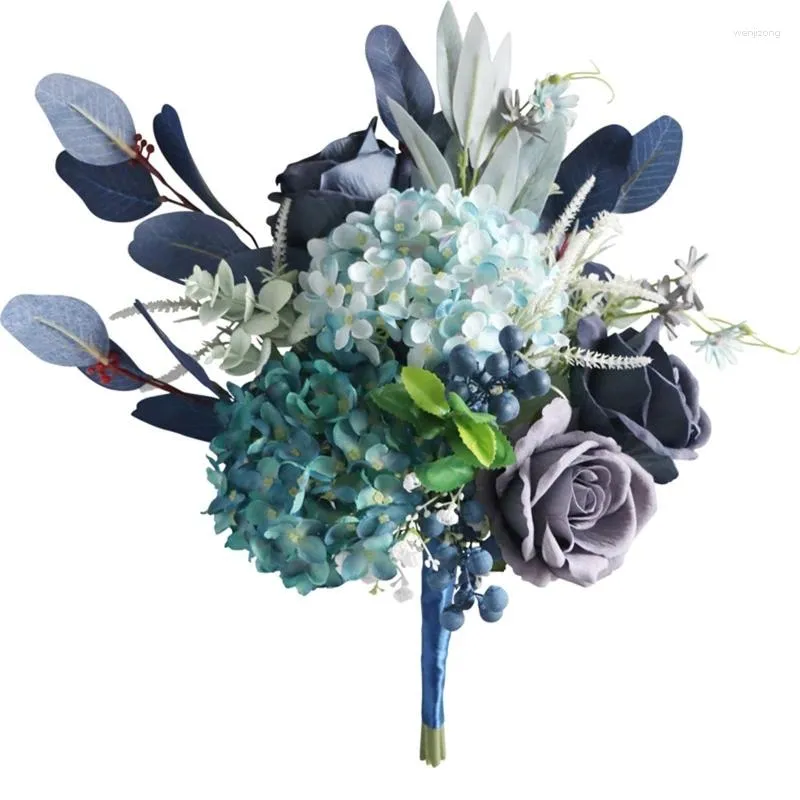 Fleurs décoratives Bouquet de petite fleur bleu artificiel avec feuilles et tige de soie fausse florale