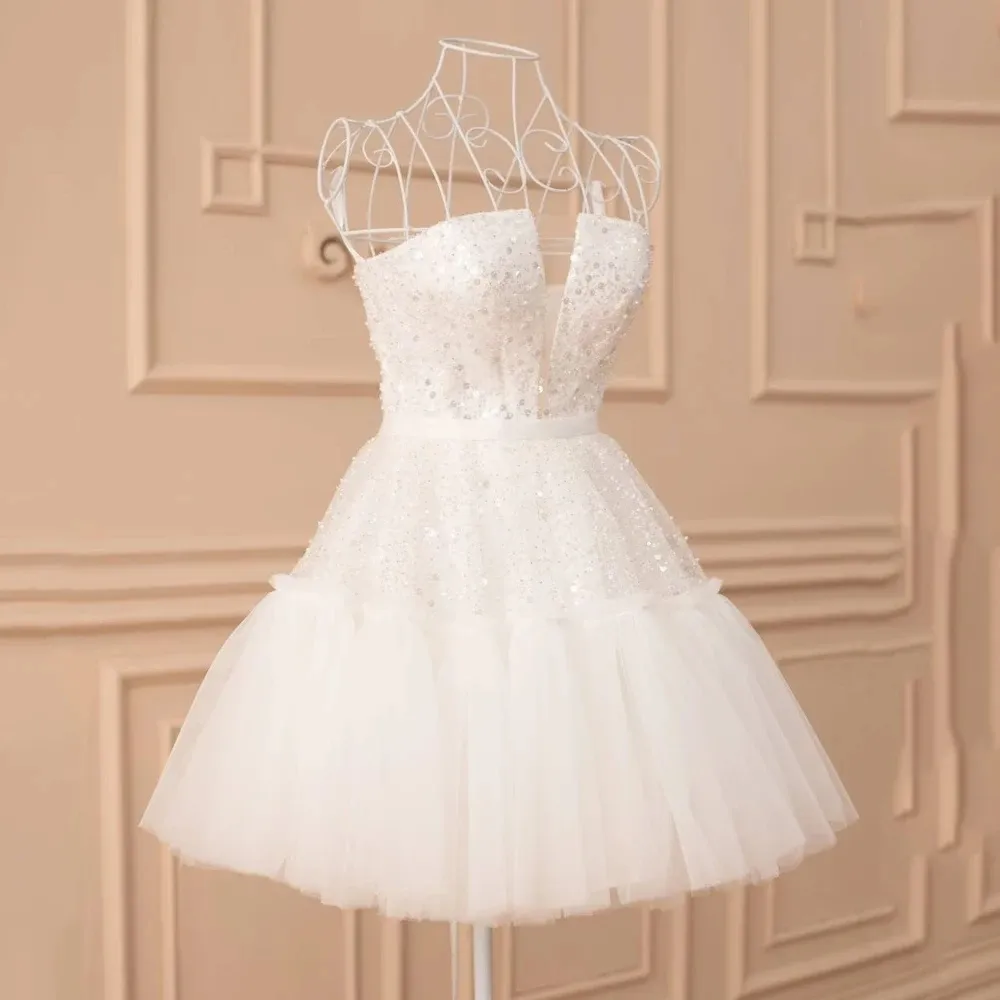 short sequin wedding dress Unqiue A-Line Sweetheart with Appliques Diamond White / 10 Introducing our charming bridal gown Sparkling Sequin Mini Wedding Dress