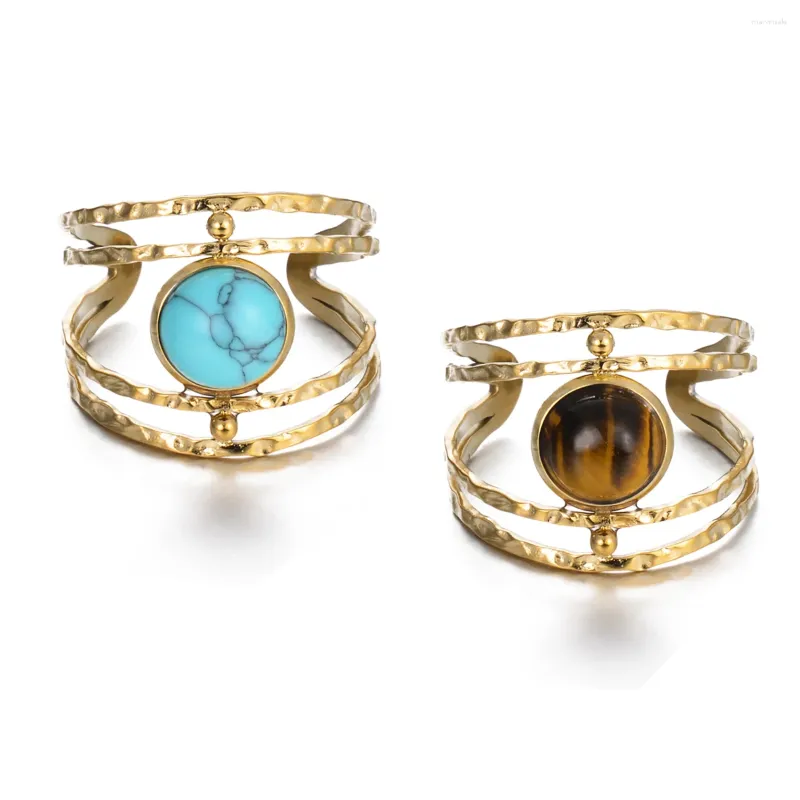 Clusterringen Mode roestvrijstalen Natuurlijke stalen Turquoise Tiger Eye verstelbare ring voor vrouwen waterdichte charmaal opening sieraden