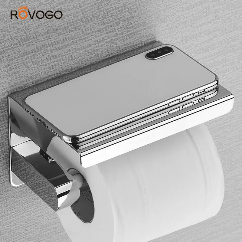 Set Rovogo Sus 304 Stainless Steel Toilet Paper Holder with Phone Shelf, Bathroom Tissue Holder Toilet Paper Roll Holder