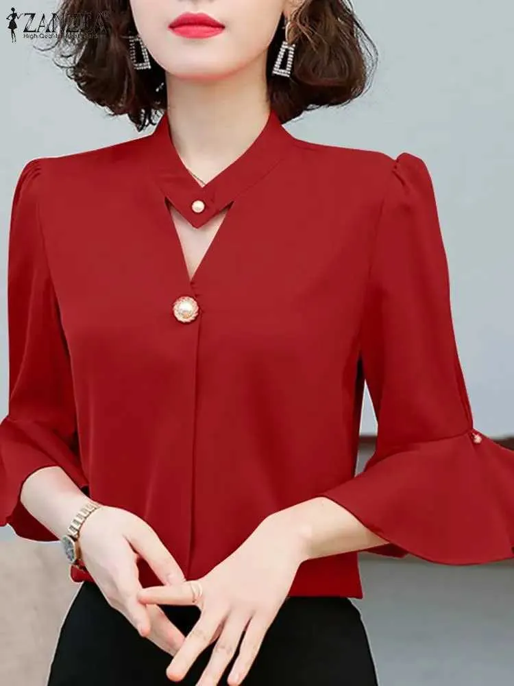 Camicette femminili camicie Zanzea Summer Fashion Solid Color Bluse Woman 3/4 Slve Collar Tunic Tops Cash Holiday Party Shirt Elegant OL Blusas Y240426