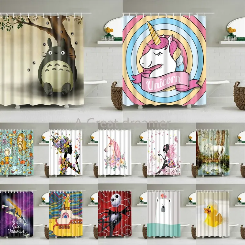 Set 3D Cartoon Totoro Unicorn Shower Curtain Bath Cute Screen Bath Curtain Waterproof för heminredning Badrum Artikel