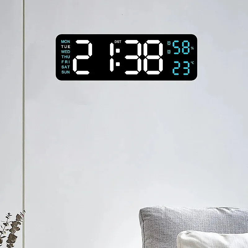 9 Inch Plug-in Use Large Digital Wall Clock Temperature Humidity Week 2 Alarm Auto Dimmer Snooze 12/24H DST Desk LED Alarm Clock 240417