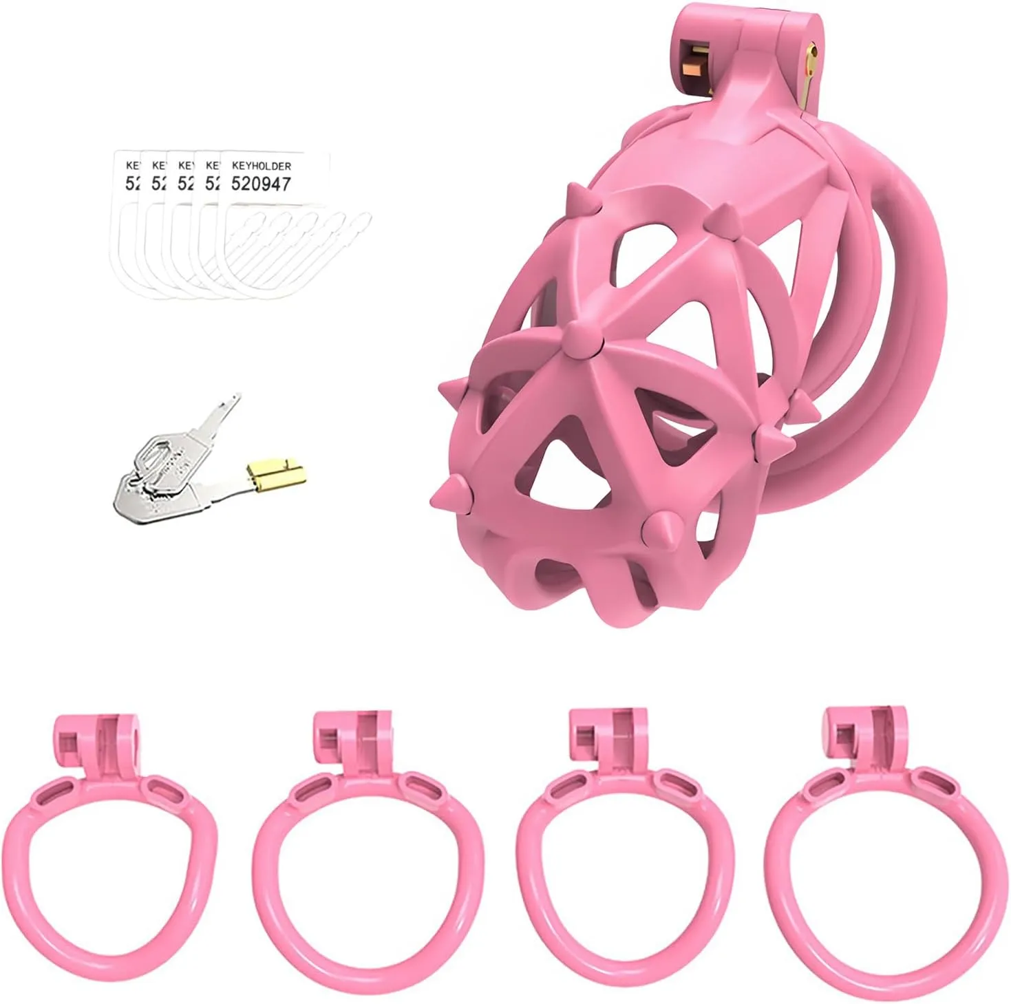 4 개의 수탉 고리와 더블 엔드 소프트 스파이크 3D 프린트 레진 음경 잠금 성인 섹스 토이 BDSM 트레이너 장치 (장거리 링, 핑크)