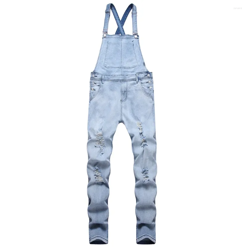 Heren jeans heren high street gescheurde slanke riem stijlvolle stretgarees mannelijke motorrijders jumpsuits denim broek