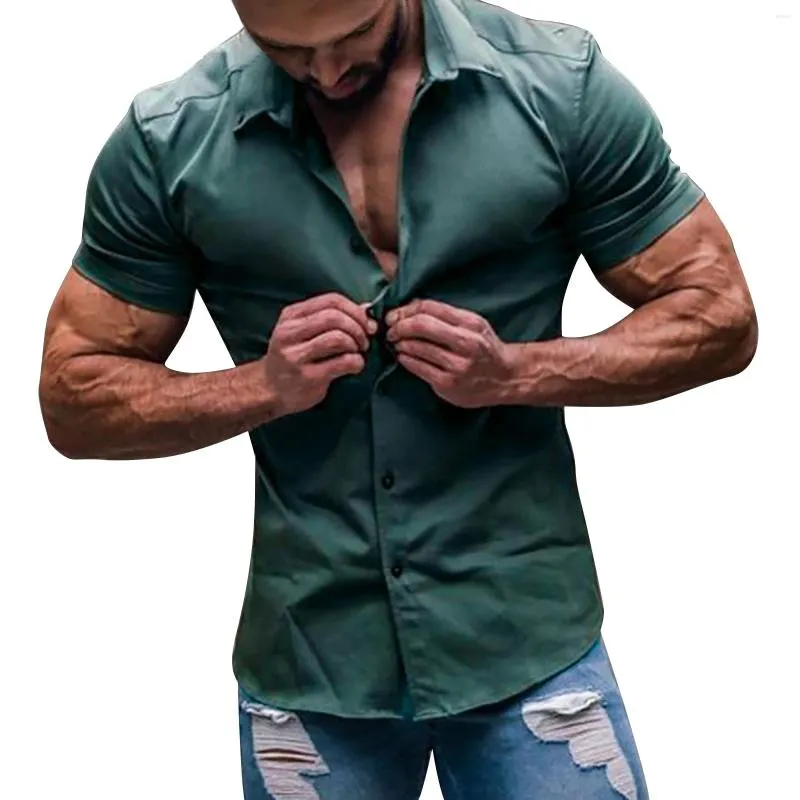 Camisas casuais masculinas camisa sólida moda tendência fácil de usar blusas de lapela de lapela de mangas curtas Cardigan verão para hombrea masculino