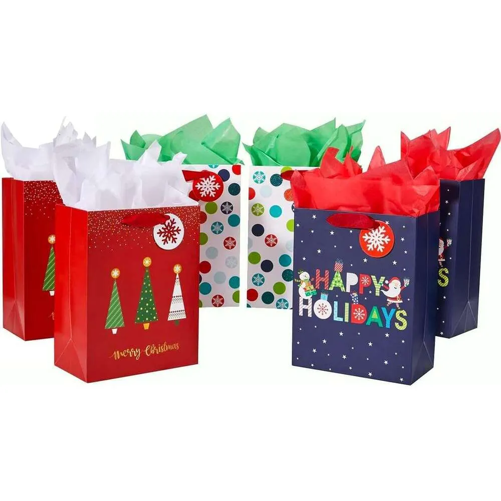 6-Pack Christmas Gift Bags Inch, Suncolor, Tissue Paper Included  Small Gift Bags for Holiday Presents