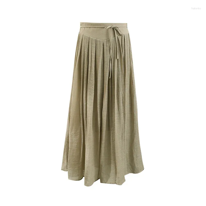 Skirts In Cotton Linen Wide Leg Skirt 2024 Summer High Waisted Loose Casual Pants Korean Fashion Lace Up Long