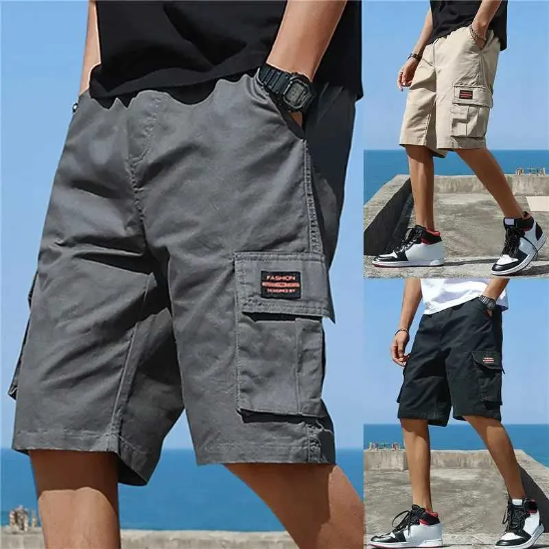 Mäns shorts Mens Cargo Pants Knee Shorts Classic Summer med flera fickor Stor bomull Halva Khaki Gray Q240427