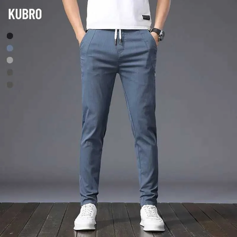 Pantaloni maschili kubro 2023 da uomo estate casual seta di seta dritta dritta alta disegno elastico nuovo affare di moda autunno pantaloni blu q240429