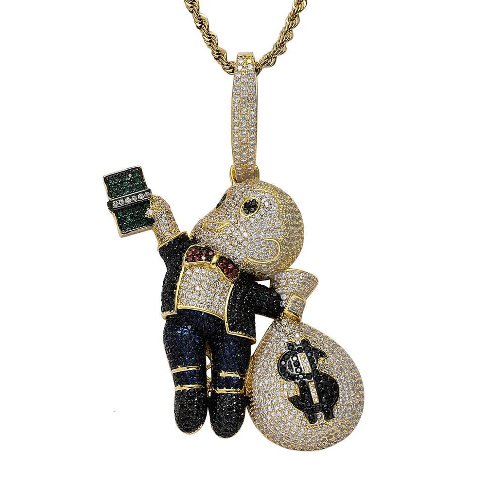 Anhänger Halsketten Hip -Hop -Anhänger, die uns Dollar greifen, kahlköpfige kleine Jungen US -Geldbag mit farbenfrohen Zirkon Halskette