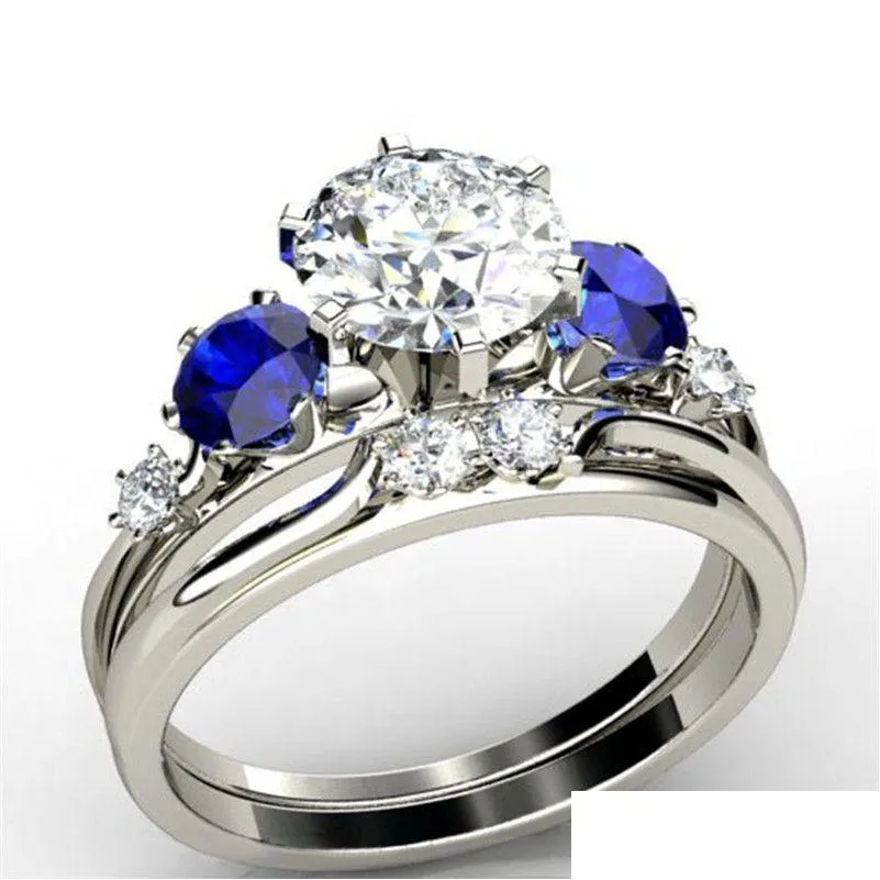 Anillos de boda 2pcs/set sier color 6 garra blanca azul circón anillo de novia Juego de mujeres mujeres elegantes noches de noche joyas de joyería del dhwxd