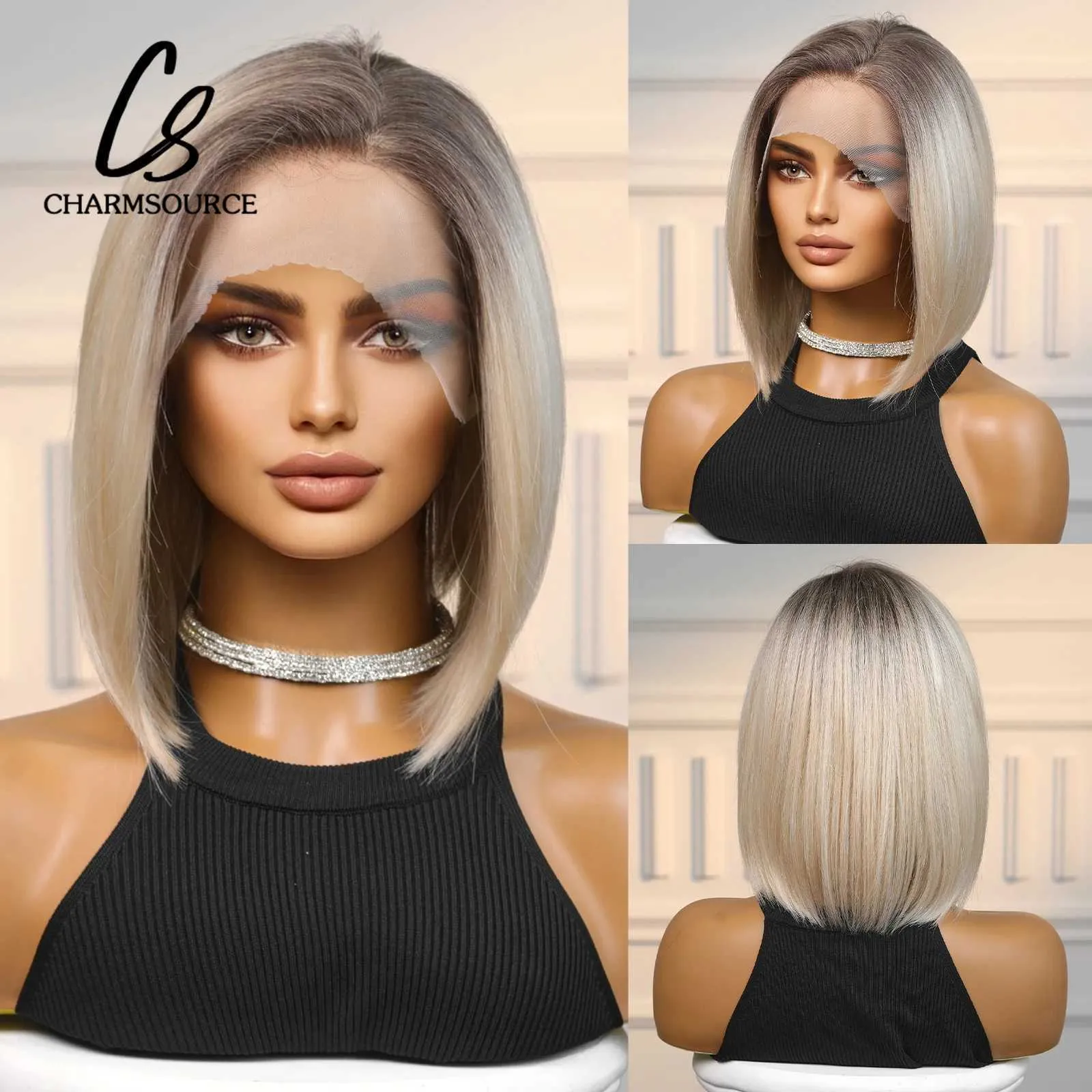 Synthetic Wigs CharmSource lace front wig brown blonde straight mid length side womens heat-resistant party daily high quality Q2404271