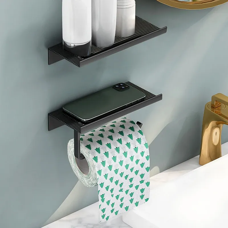 Ställ in aluminiumlegering toalettpappershållare hyllan med bricka badrumstillbehör kök vägg hängande punchfree toalettpappersrulle