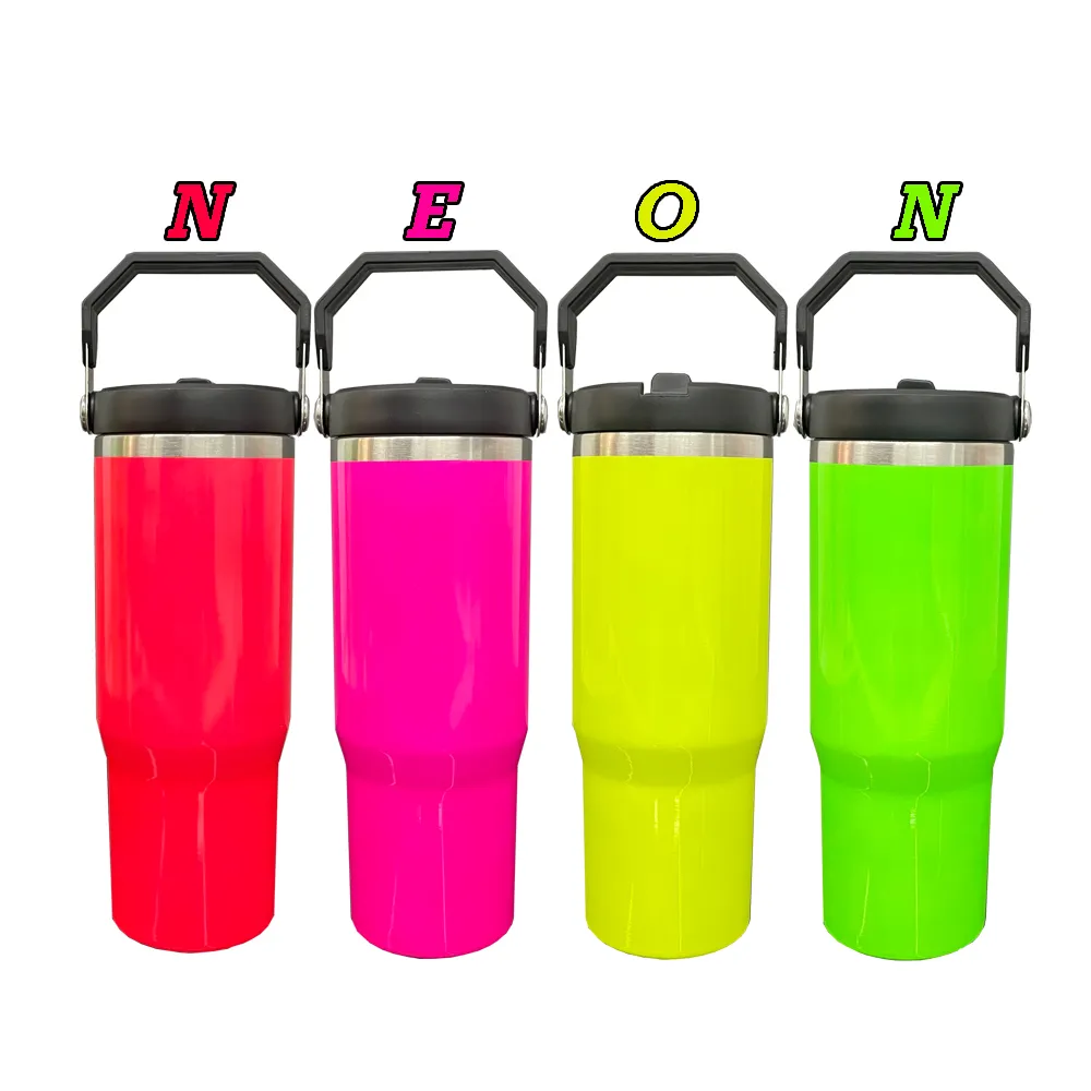Leere Sublimation Neonfarben 30oz Flip Top Stroh Becher Wasserflasche Vakuum isoliert doppelmauerte Edelstahl -Reisetasse mit und leckerem Flip