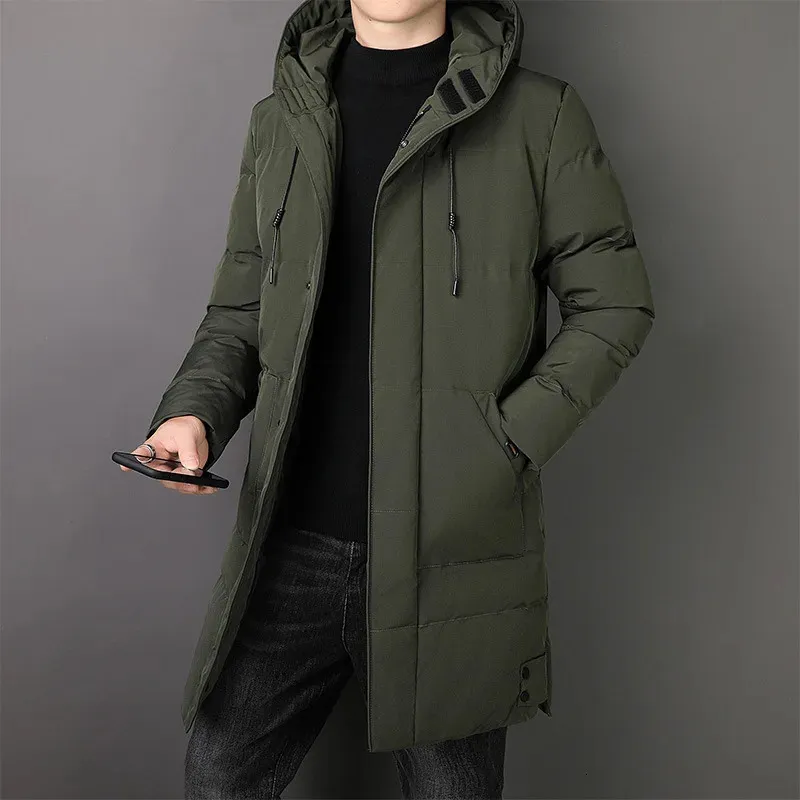 Mens Cotton Jacket Winter Thick Mid Long Coat with Hat 60% White