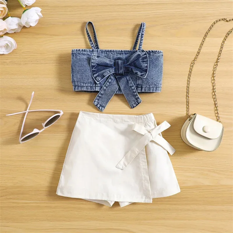 1-6y kinderen meisjes zomerkleding set baby spaghetti riem bowknot denim tops shorts rokken kinderen mode-outfits 240429