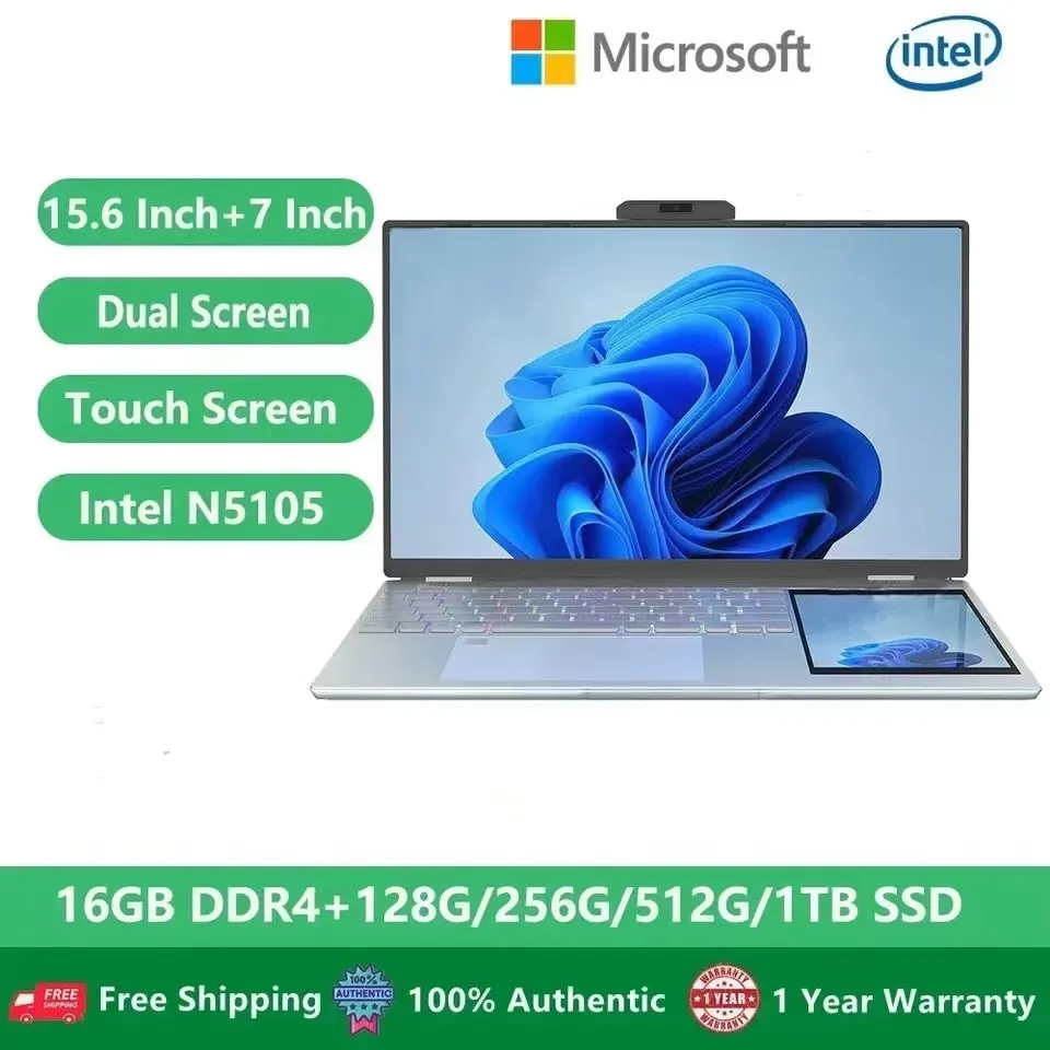 Partihandel dubbel skärm bärbar dator 15,6 tum + 7 tum pekskärm Intel N95 Processor Gaming Laptop DDR4 16GB 128G -512GB SSD Notebook Computer Computers Tablet Game Student