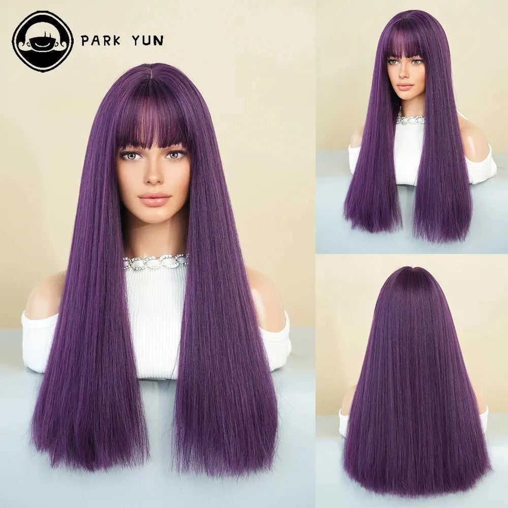 Pelucas sintéticas parque yun peluca morada larga con flequillo cabello sintético natural adecuado para mujer fiesta de juego de rol de rol de recuperación caliente Q240427