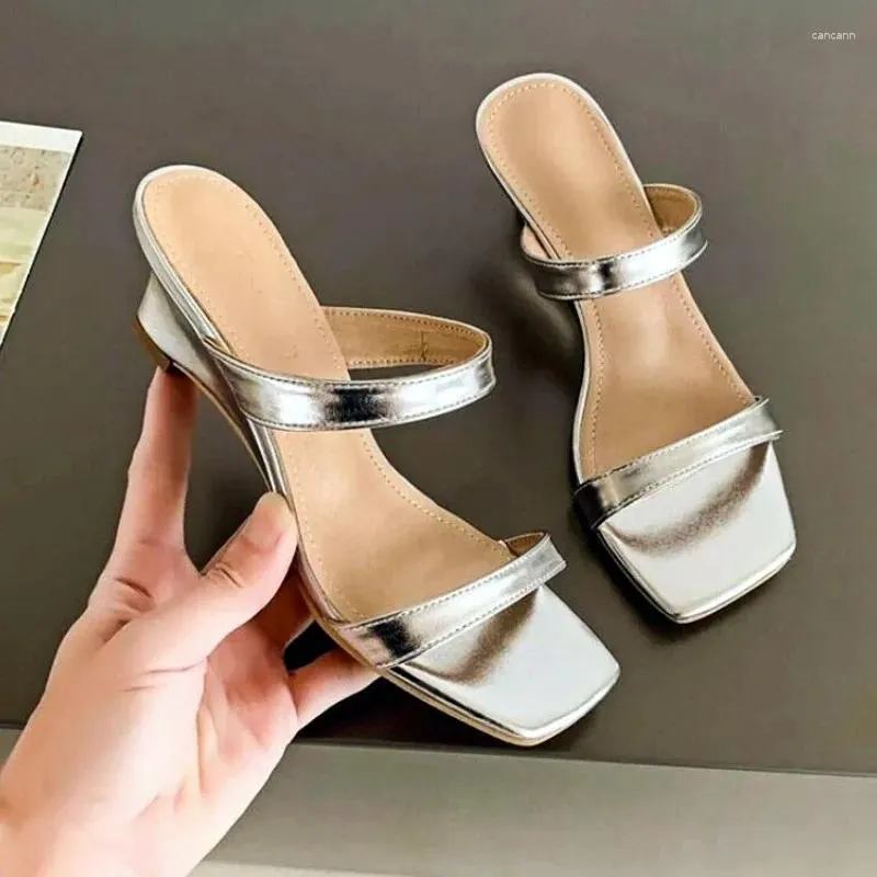 Slippers Fashion Open Toe Wedge Women 2024 Summer Square Simple Strappy Slide Sandals For Chunky High Heels Flip-flops