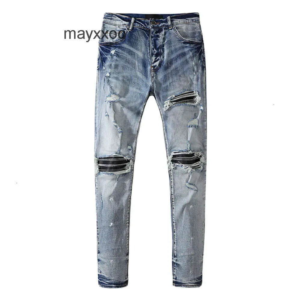 Fit 2024 tvättade herr mode jean amiirii demin hål lila byxor slitna smala jeans avslappnad mångsidigt mode med mens 9slq