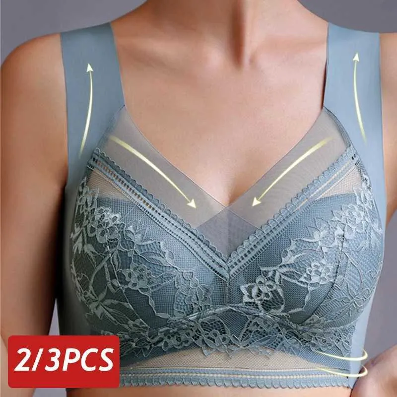 BRAS SEXIGA LACE BRAS FÖR KVINNA PERSPEKTIV Full kopp fast färg Brassiere V-ringning Sömlös skörd topp kvinnlig skjut upp andningsbara underkläder Y240426