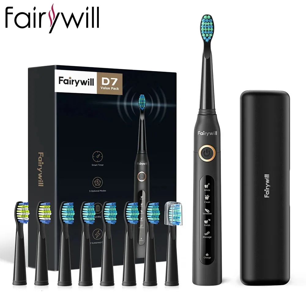 Fairywill D7 Sonic Electric Zahnbürsten für Erwachsene Kinder 5 Modi Smart Timer wiederaufladbar 8 Super -Whitening -Zahnbürstenköpfe 240422